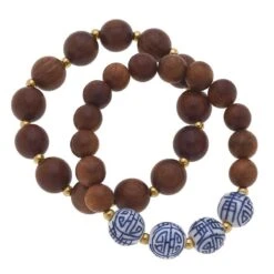 Canvas Iris Blue & White Chinoiserie & Wood Stretch Bracelet Stack In Brown - Set Of 2