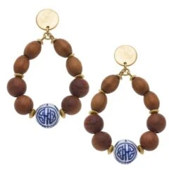Canvas Capri Blue & White Chinoiserie & Wood Teardrop Earrings In Brown