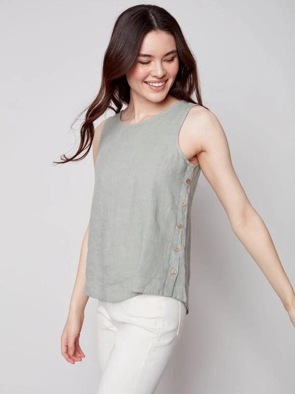 Charlie B Women's Sleeveless Linen Top With Side Buttons Charlie B Women's Sleeveless Linen Top With Side Buttons -Ski Outlet Shop 20929 CELADON l
