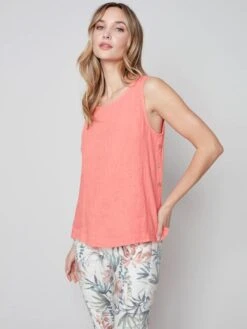 Charlie B Women's Sleeveless Linen Top With Side Buttons 2 Charlie B Women's Sleeveless Linen Top With Side Buttons -Ski Outlet Shop 20929 GRAPEFRUIT l
