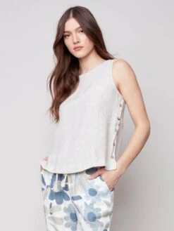 Charlie B Women's Sleeveless Linen Top With Side Buttons 3 Charlie B Women's Sleeveless Linen Top With Side Buttons -Ski Outlet Shop 20929 NATURAL l