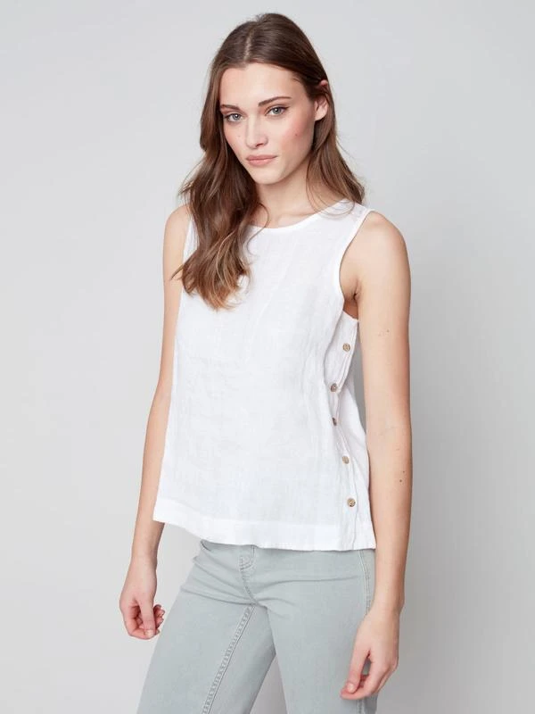 Charlie B Women's Sleeveless Linen Top With Side Buttons Charlie B Women's Sleeveless Linen Top With Side Buttons -Ski Outlet Shop 20929 WHITE l